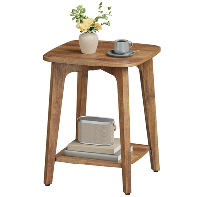 Side Table, 2-Tier Small Square End Table, Nightstand with Tapered Legs, Curved Transitions, for Small Spaces, Living Room, Bedroom - 15.7" x 15.7" x 21.5"/Brown